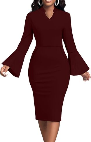 Church Dresses for Women Flare Sleeve V Neck Business Wear to Work Vintage Mid Pencil Formal Dress with Pocket in Saudi Arabia