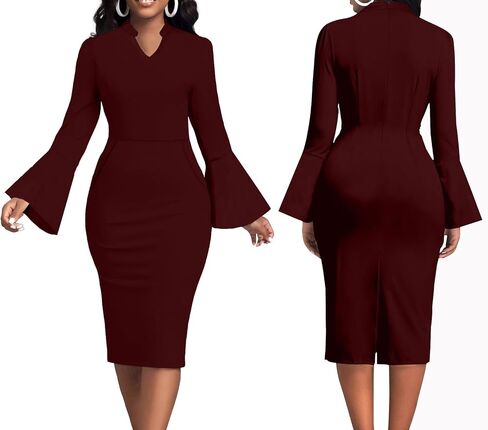 Church Dresses for Women Flare Sleeve V Neck Business Wear to Work Vintage Mid Pencil Formal Dress with Pocket in Saudi Arabia