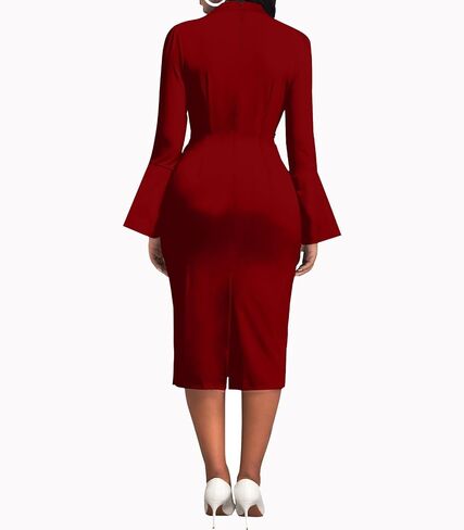 Church Dresses for Women Flare Sleeve V Neck Business Wear to Work Vintage Mid Pencil Formal Dress with Pocket in Saudi Arabia