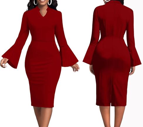 Church Dresses for Women Flare Sleeve V Neck Business Wear to Work Vintage Mid Pencil Formal Dress with Pocket in Saudi Arabia