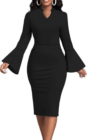 Church Dresses for Women Flare Sleeve V Neck Business Wear to Work Vintage Mid Pencil Formal Dress with Pocket in Saudi Arabia