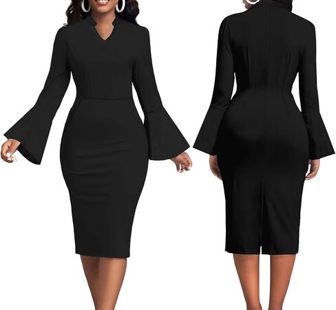 Church Dresses for Women Flare Sleeve V Neck Business Wear to Work Vintage Mid Pencil Formal Dress with Pocket in Saudi Arabia