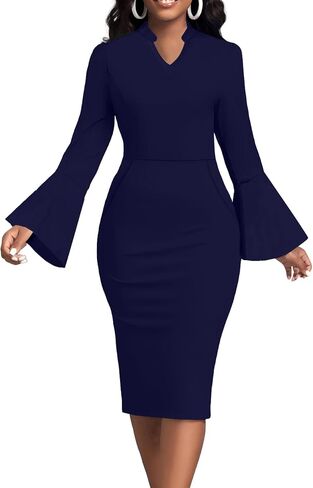 Church Dresses for Women Flare Sleeve V Neck Business Wear to Work Vintage Mid Pencil Formal Dress with Pocket in Saudi Arabia