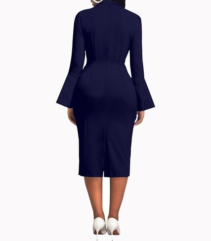 Church Dresses for Women Flare Sleeve V Neck Business Wear to Work Vintage Mid Pencil Formal Dress with Pocket in Saudi Arabia