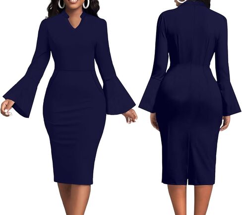 Church Dresses for Women Flare Sleeve V Neck Business Wear to Work Vintage Mid Pencil Formal Dress with Pocket in Saudi Arabia