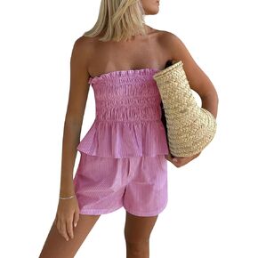 Yuemengxuan Women Shirred Top Shorts Summer Outfits Set 2 Piece Striped Pajamas Set Sleeveless Ruched Bandeau Tube Top Shorts in Kuwait