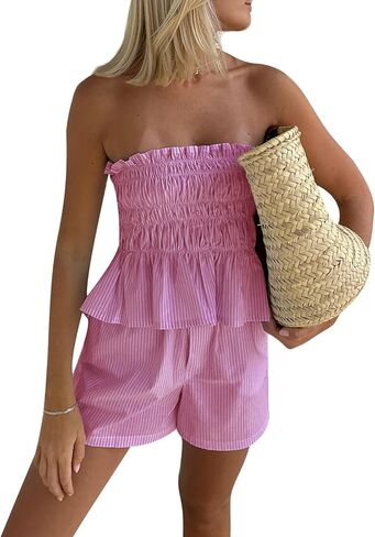 Yuemengxuan Women Shirred Top Shorts Summer Outfits Set 2 Piece Striped Pajamas Set Sleeveless Ruched Bandeau Tube Top Shorts in Saudi Arabia