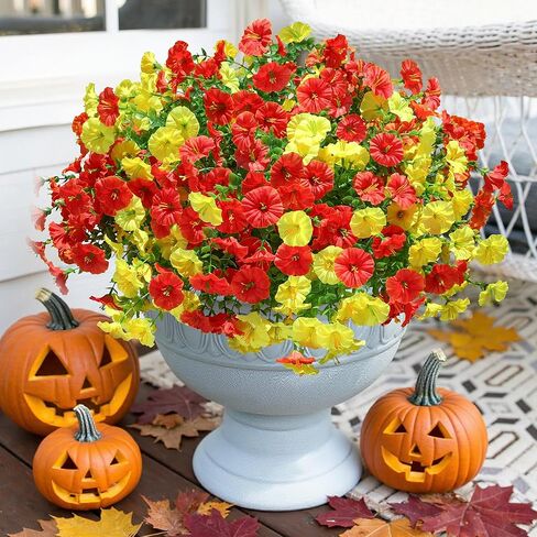 Ivydale Artificial Fake Fall Autumn Plants Flowers for Outdoor Outside, 12 Bundles Faux Silk Orange Morning Glory UV Resistant Realistic for Home Planter Porch Yard Patio Balcony Decor in Kuwait