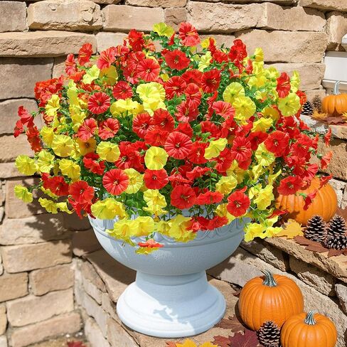 Ivydale Artificial Fake Fall Autumn Plants Flowers for Outdoor Outside, 12 Bundles Faux Silk Orange Morning Glory UV Resistant Realistic for Home Planter Porch Yard Patio Balcony Decor in Kuwait