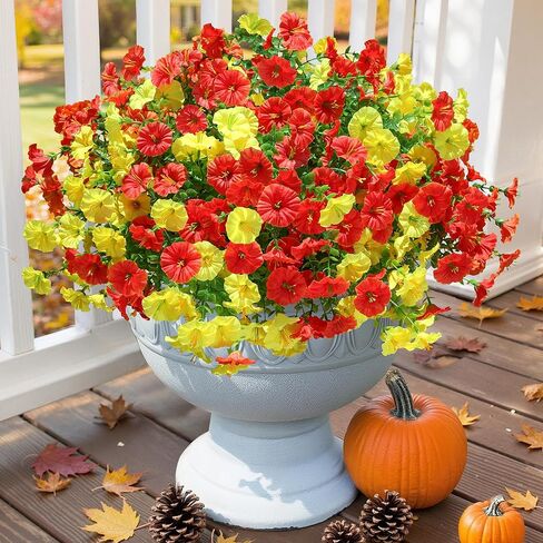 Ivydale Artificial Fake Fall Autumn Plants Flowers for Outdoor Outside, 12 Bundles Faux Silk Orange Morning Glory UV Resistant Realistic for Home Planter Porch Yard Patio Balcony Decor in Kuwait