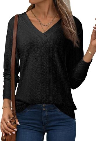 Dokotoo Women's Tops Dressy Casual V Neck Long Sleeve Buttons Hollow Out Lace Embroidered Blouses Shirts in Saudi Arabia