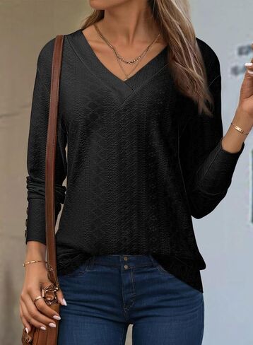 Dokotoo Women's Tops Dressy Casual V Neck Long Sleeve Buttons Hollow Out Lace Embroidered Blouses Shirts in Saudi Arabia