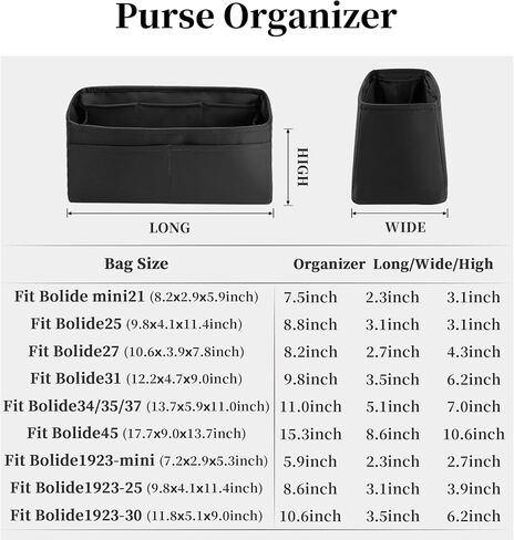 Organizer Insert for Hermes Bolide 1923 mini Bag, KINGS IN BAG Handmade Bag-in-bag Fits Bolide mini Bag, Lightweight Handbag Insert with Practical Pockets(Black, Bolide 1923-mini) in Saudi Arabia