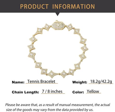 14K Gold Over 925 Silver Square-Shaped Star Moissanite Bracelet, Hip-Hop Tennis Bracelet Design, Unique for Hip-Hop Enthusiasts or Special Celebrations,Dad Gifts in Kuwait
