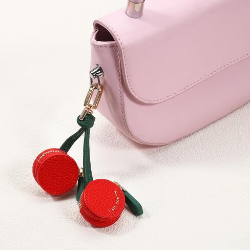 Cherry Design Coin Purse Charm, Handmade Mini Zipper Pouch Keychain, Red and Green, Small Coin Pouch Change Purse for Backpack Decoration in Saudi Arabia