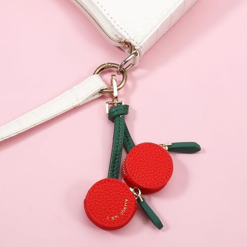 Cherry Design Coin Purse Charm, Handmade Mini Zipper Pouch Keychain, Red and Green, Small Coin Pouch Change Purse for Backpack Decoration in Saudi Arabia