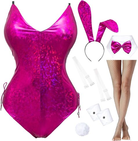 Womens Bunny Costume Girl Bodysuit Holographic Shining Suit Sparkle Costume Senpai Cosplay Bodysuit One Piece stockings Set in Saudi Arabia