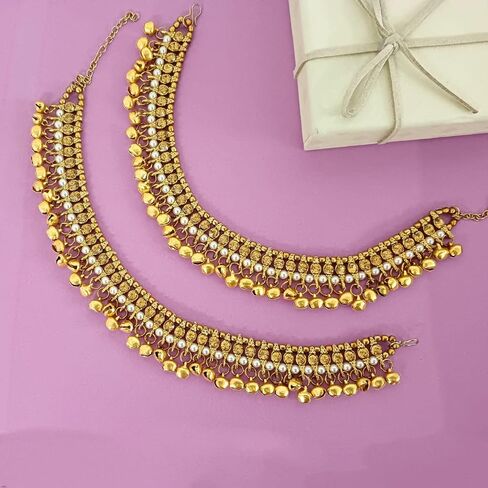 Efulgenz Indian Bridal Anklets for Women Ghungroo Jhanjara Anklet Bollywood Faux Kundan Pearl Ankle Bracelets Set Bell Anklets for Women in Saudi Arabia