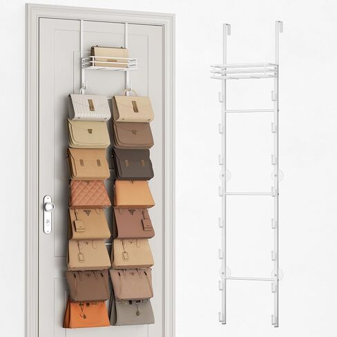 SWTYMIKI Over The Door Purse Organizer - Wall Mounted Handbag Organizer with 16 Hooks and Metal Basket, Hanging Purse Storage Rack Holds up to 16 Bags, Bag Rack Can Use As 1/2 Part, for Door, Closet in Saudi Arabia