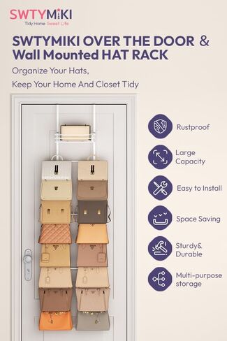 SWTYMIKI Over The Door Purse Organizer - Wall Mounted Handbag Organizer with 16 Hooks and Metal Basket, Hanging Purse Storage Rack Holds up to 16 Bags, Bag Rack Can Use As 1/2 Part, for Door, Closet in Saudi Arabia