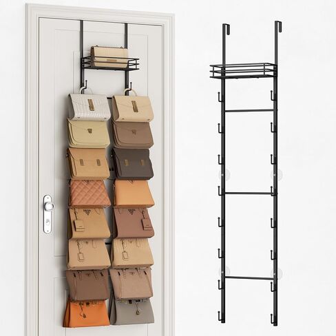 SWTYMIKI Over The Door Purse Organizer - Wall Mounted Handbag Organizer with 16 Hooks and Metal Basket, Hanging Purse Storage Rack Holds up to 16 Bags, Bag Rack Can Use As 1/2 Part, for Door, Closet in Saudi Arabia