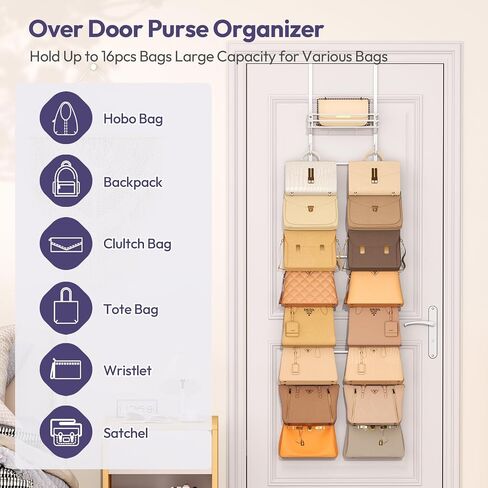 SWTYMIKI Over The Door Purse Organizer - Wall Mounted Handbag Organizer with 16 Hooks and Metal Basket, Hanging Purse Storage Rack Holds up to 16 Bags, Bag Rack Can Use As 1/2 Part, for Door, Closet in Saudi Arabia