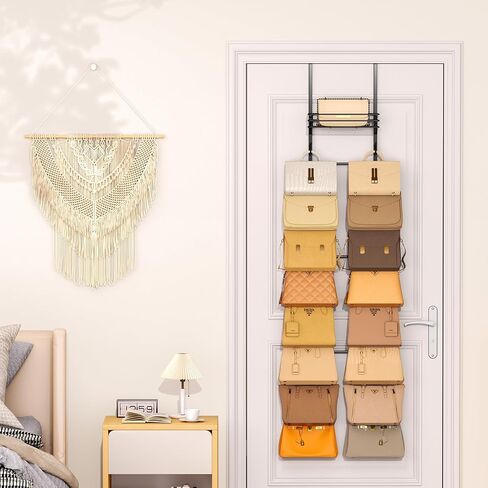 SWTYMIKI Over The Door Purse Organizer - Wall Mounted Handbag Organizer with 16 Hooks and Metal Basket, Hanging Purse Storage Rack Holds up to 16 Bags, Bag Rack Can Use As 1/2 Part, for Door, Closet in Saudi Arabia