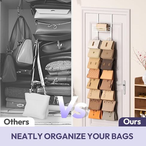 SWTYMIKI Over The Door Purse Organizer - Wall Mounted Handbag Organizer with 16 Hooks and Metal Basket, Hanging Purse Storage Rack Holds up to 16 Bags, Bag Rack Can Use As 1/2 Part, for Door, Closet in Saudi Arabia