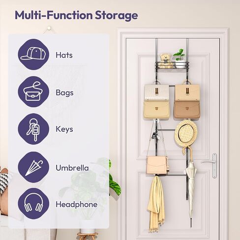 SWTYMIKI Over The Door Purse Organizer - Wall Mounted Handbag Organizer with 16 Hooks and Metal Basket, Hanging Purse Storage Rack Holds up to 16 Bags, Bag Rack Can Use As 1/2 Part, for Door, Closet in Saudi Arabia
