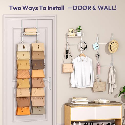 SWTYMIKI Over The Door Purse Organizer - Wall Mounted Handbag Organizer with 16 Hooks and Metal Basket, Hanging Purse Storage Rack Holds up to 16 Bags, Bag Rack Can Use As 1/2 Part, for Door, Closet in Saudi Arabia