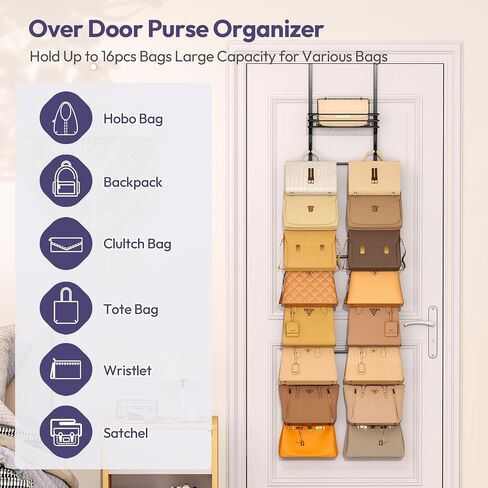 SWTYMIKI Over The Door Purse Organizer - Wall Mounted Handbag Organizer with 16 Hooks and Metal Basket, Hanging Purse Storage Rack Holds up to 16 Bags, Bag Rack Can Use As 1/2 Part, for Door, Closet in Saudi Arabia