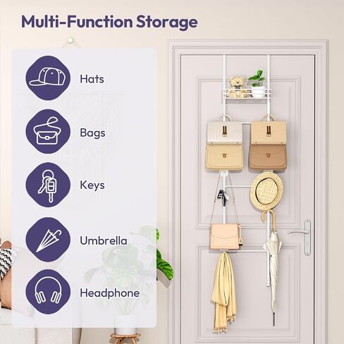 SWTYMIKI Over The Door Purse Organizer - Wall Mounted Handbag Organizer with 16 Hooks and Metal Basket, Hanging Purse Storage Rack Holds up to 16 Bags, Bag Rack Can Use As 1/2 Part, for Door, Closet in Saudi Arabia