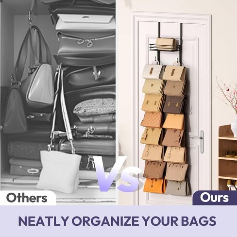 SWTYMIKI Over The Door Purse Organizer - Wall Mounted Handbag Organizer with 16 Hooks and Metal Basket, Hanging Purse Storage Rack Holds up to 16 Bags, Bag Rack Can Use As 1/2 Part, for Door, Closet in Saudi Arabia
