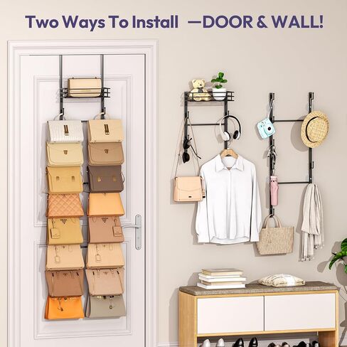 SWTYMIKI Over The Door Purse Organizer - Wall Mounted Handbag Organizer with 16 Hooks and Metal Basket, Hanging Purse Storage Rack Holds up to 16 Bags, Bag Rack Can Use As 1/2 Part, for Door, Closet in Saudi Arabia