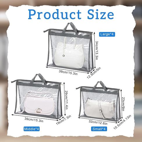 simarro 12 Pack Dust Bags for Handbags, 3 Size Clear Handbag Purse Storage, Purse Protector Storage Bag with Zipper and Handle, Hanging Dust Cover Bag for Handbags in Saudi Arabia