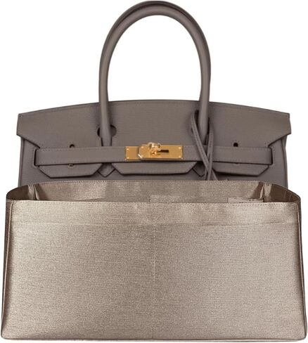 Purse organizer insert for Birkin 25, Italian Faux Silk Fabric, thin, Lightweight, brilliant sheen, Sturdy, Sturdy, Women Gift, (Gray Gold IBK25N) in Kuwait