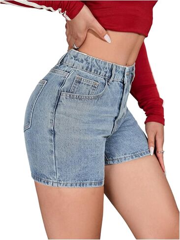 WDIRARA Women's Petite High Waisted Denim Shorts Straight Leg Jean Shorts with Pockets in Saudi Arabia