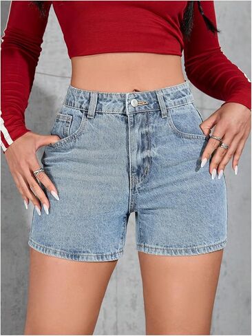 WDIRARA Women's Petite High Waisted Denim Shorts Straight Leg Jean Shorts with Pockets in Saudi Arabia