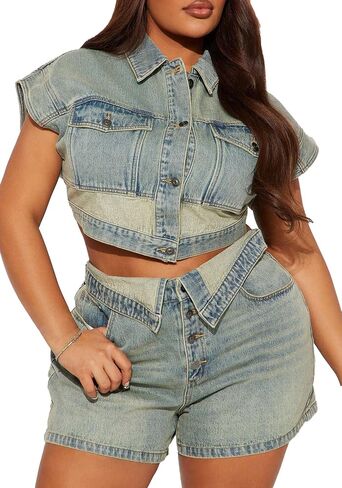 Two Piece Short Denim Sets for Women Summer Button Down Asymmetrical Waisted Sexy Cowgirl Jean Outfits in Saudi Arabia