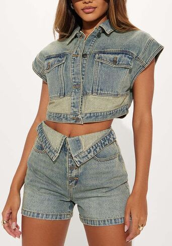 Two Piece Short Denim Sets for Women Summer Button Down Asymmetrical Waisted Sexy Cowgirl Jean Outfits in Saudi Arabia