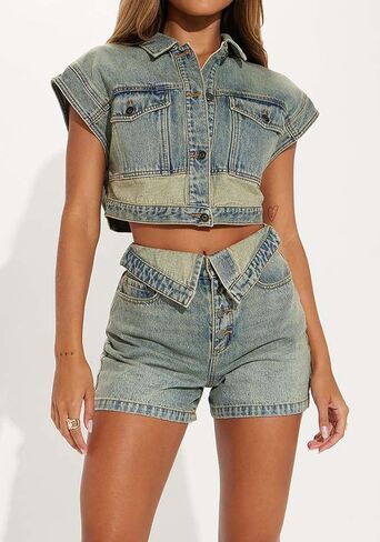 Two Piece Short Denim Sets for Women Summer Button Down Asymmetrical Waisted Sexy Cowgirl Jean Outfits in Saudi Arabia