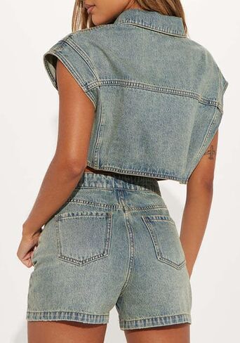 Two Piece Short Denim Sets for Women Summer Button Down Asymmetrical Waisted Sexy Cowgirl Jean Outfits in Saudi Arabia