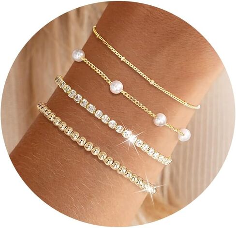 أساور لؤلؤة للنساء سوار التنس Dainty 14k الذهب/الفضة مطلي بالأساور المملوءة بالنساء in Kuwait