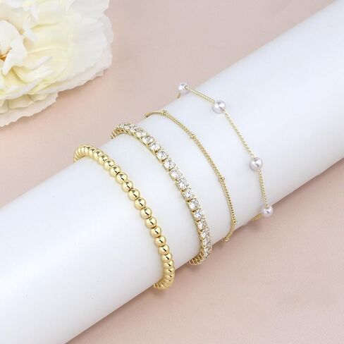 أساور لؤلؤة للنساء سوار التنس Dainty 14k الذهب/الفضة مطلي بالأساور المملوءة بالنساء in Kuwait