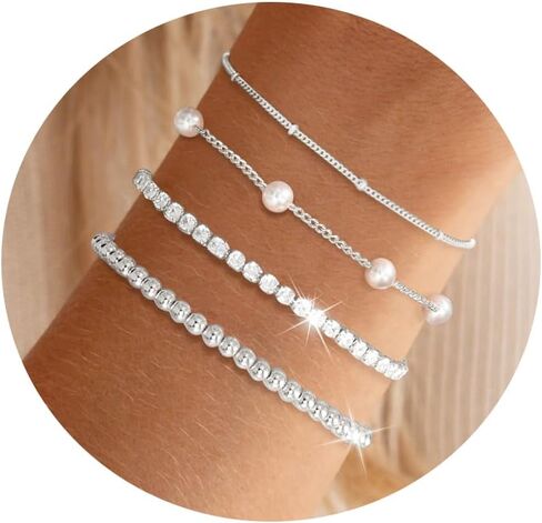 أساور لؤلؤة للنساء سوار التنس Dainty 14k الذهب/الفضة مطلي بالأساور المملوءة بالنساء in Kuwait