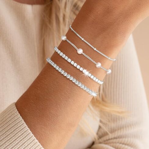 أساور لؤلؤة للنساء سوار التنس Dainty 14k الذهب/الفضة مطلي بالأساور المملوءة بالنساء in Kuwait