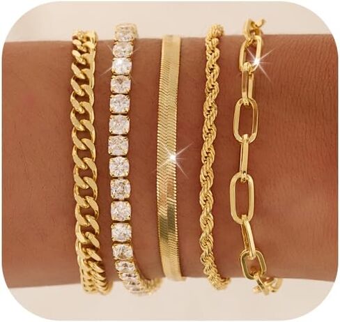 Gold Bracelets for Women 14K Gold Plated Stack Trend Bracelets Charm Paperclip Chain Cuban Link Layered Waterproof Bracelet Dainty Bracelet for Women Jewelry Gifts in Saudi Arabia
