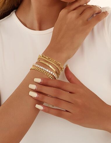 Gold Bracelets for Women 14K Gold Plated Stack Trend Bracelets Charm Paperclip Chain Cuban Link Layered Waterproof Bracelet Dainty Bracelet for Women Jewelry Gifts in Saudi Arabia