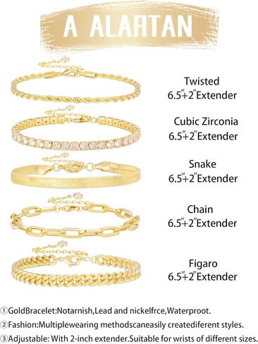 Gold Bracelets for Women 14K Gold Plated Stack Trend Bracelets Charm Paperclip Chain Cuban Link Layered Waterproof Bracelet Dainty Bracelet for Women Jewelry Gifts in Saudi Arabia