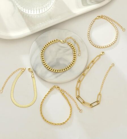 Gold Bracelets for Women 14K Gold Plated Stack Trend Bracelets Charm Paperclip Chain Cuban Link Layered Waterproof Bracelet Dainty Bracelet for Women Jewelry Gifts in Saudi Arabia